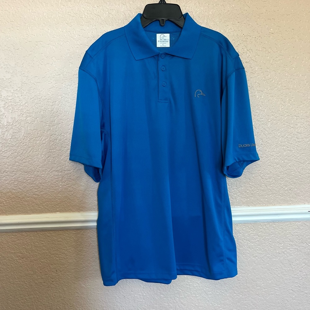 Ducks Unlimited Large Shirt Mens Blue Golf Polo SS Vented 75th Anniversary Logo